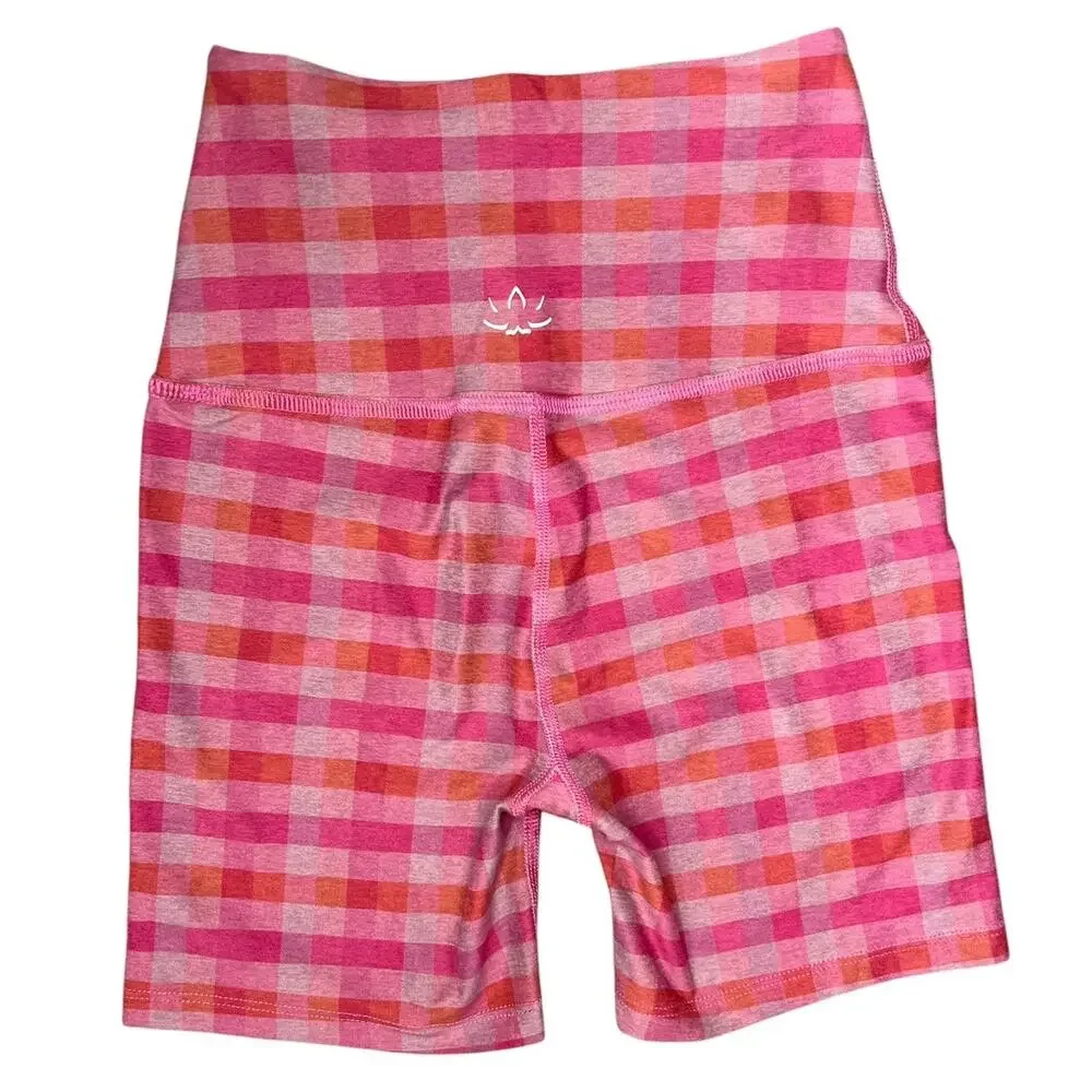 Beyond yoga pink gingham biker shorts activewear yoga workout XS feminine plaid